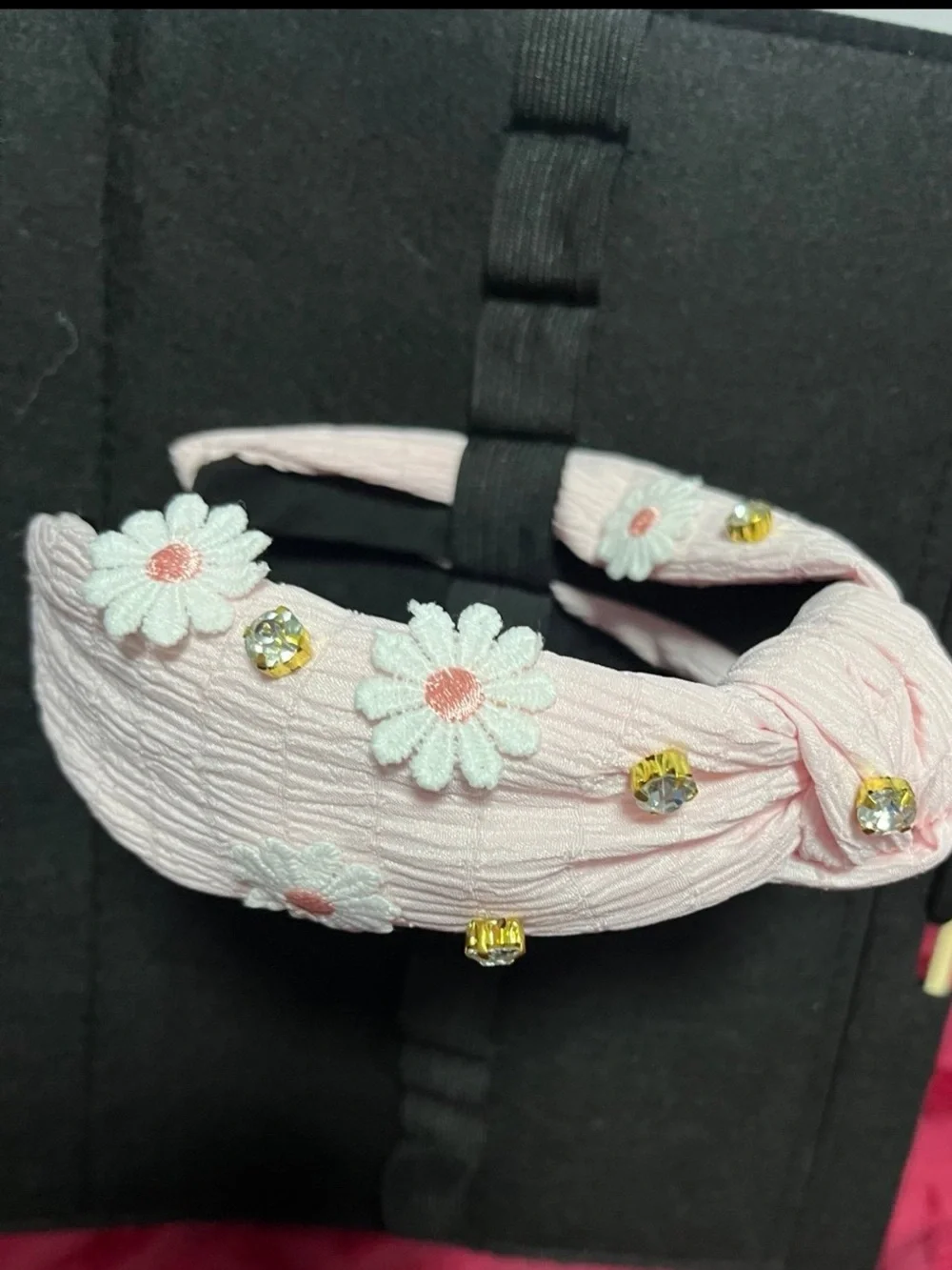 Pink Floral Knot Headband with Crystal Accents